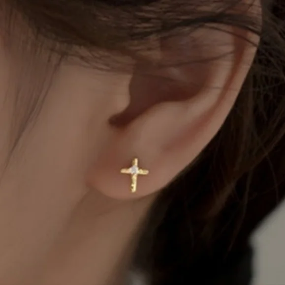 NWOT Sterling Silver Gold Plated and Rhinstone Cross Earrings - Picture 2 of 3